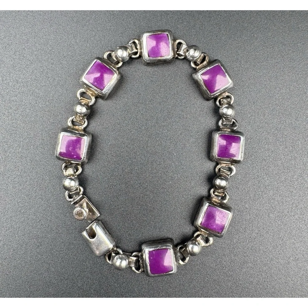 Mexico 925 Sterling Silver Purple Cabochon Link Bracelet 27.4g Vintage 7